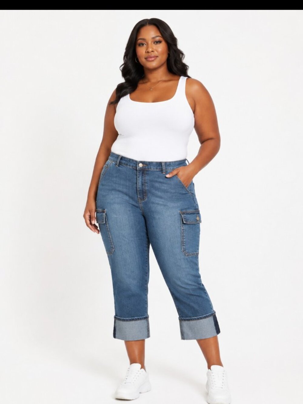 Adolfo Women's Cargo Pants Stretch Cuffed Hem Blue Denim Size 14 Cotton Blend